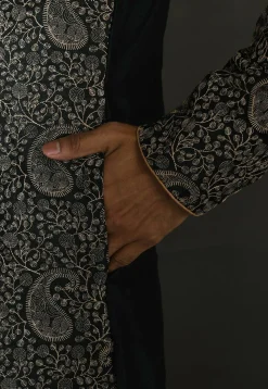 Embroidered Dupion Silk Kurta Set in Dark Green