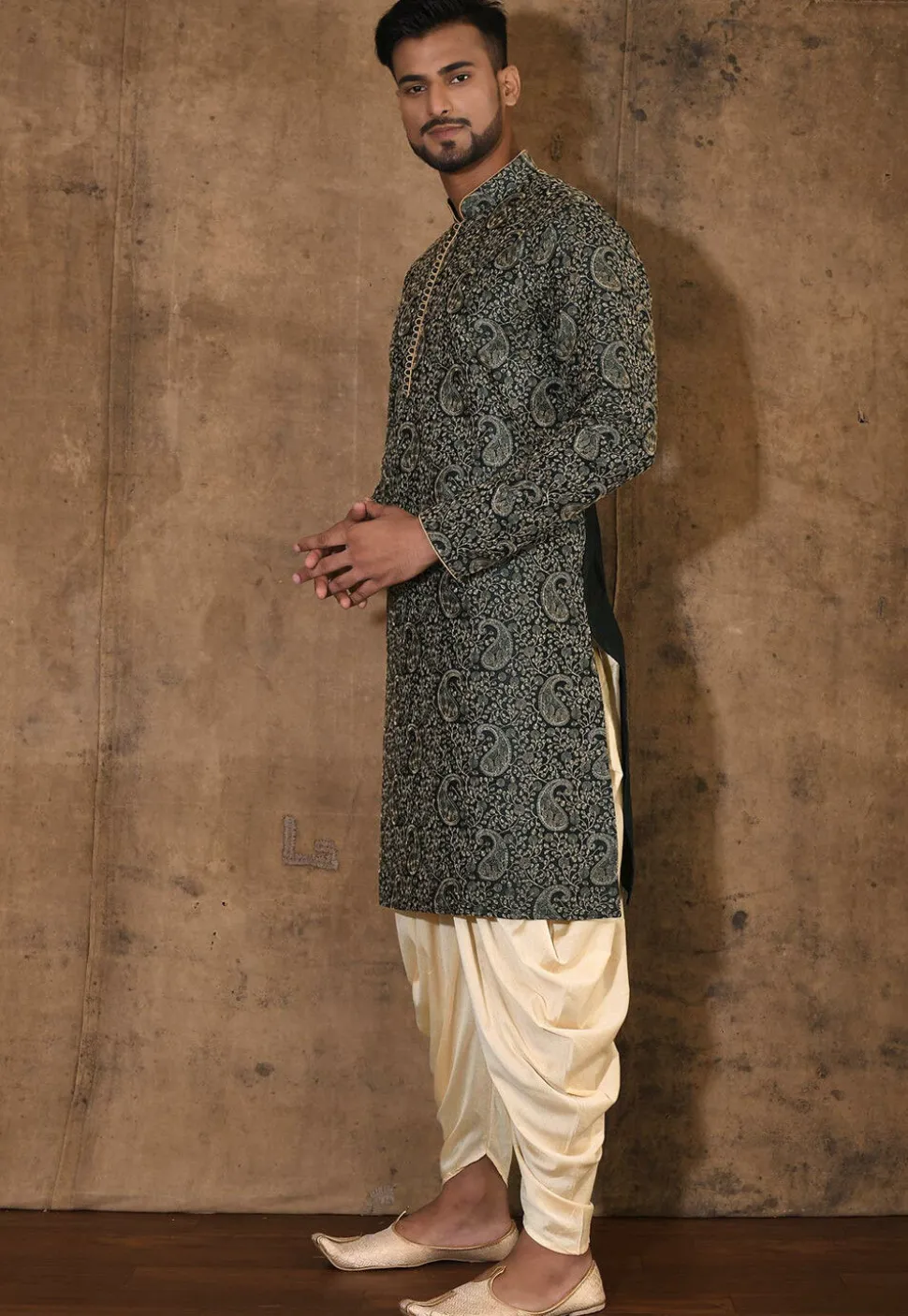 Embroidered Dupion Silk Kurta Set in Dark Green