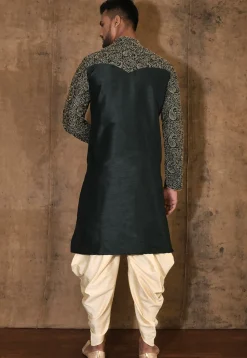 Embroidered Dupion Silk Kurta Set in Dark Green