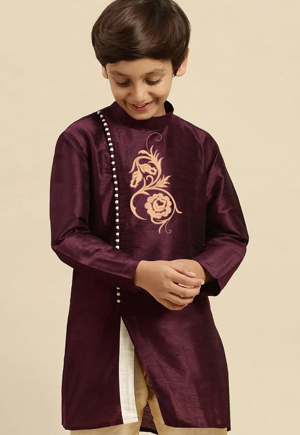 Embroidered Dupion Silk Kurta in Wine