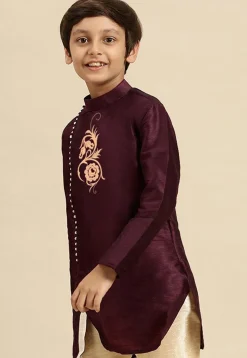 Embroidered Dupion Silk Kurta in Wine
