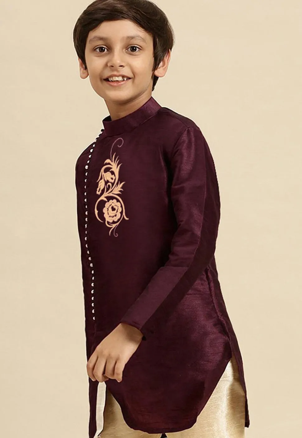 Embroidered Dupion Silk Kurta in Wine