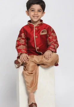Embroidered Dupion Silk Kurta Set in Maroon