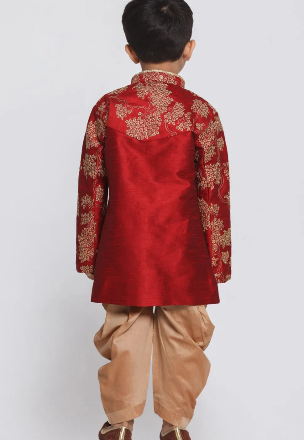 Embroidered Dupion Silk Kurta Set in Maroon