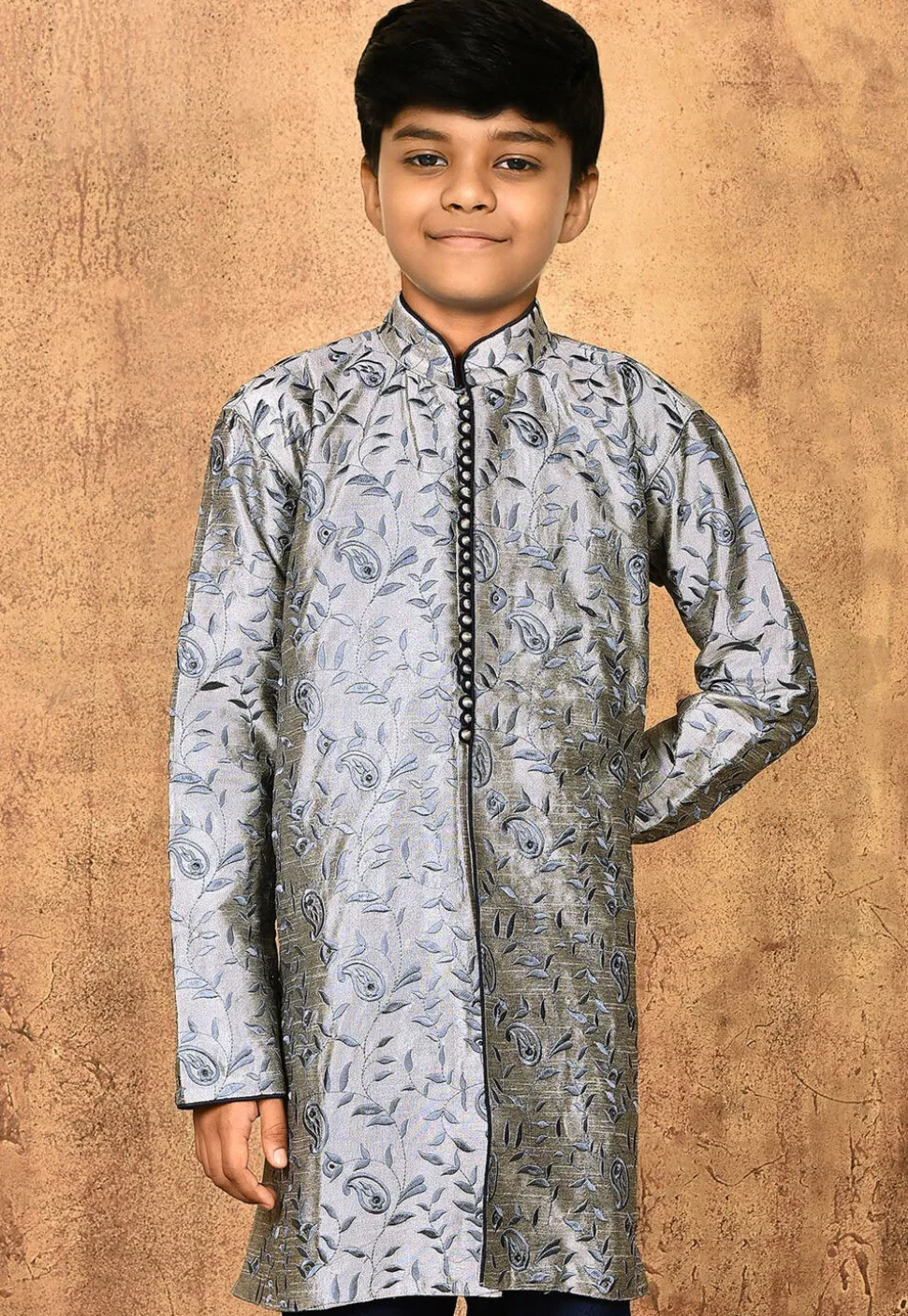 Embroidered Dupion Silk Kurta in Grey
