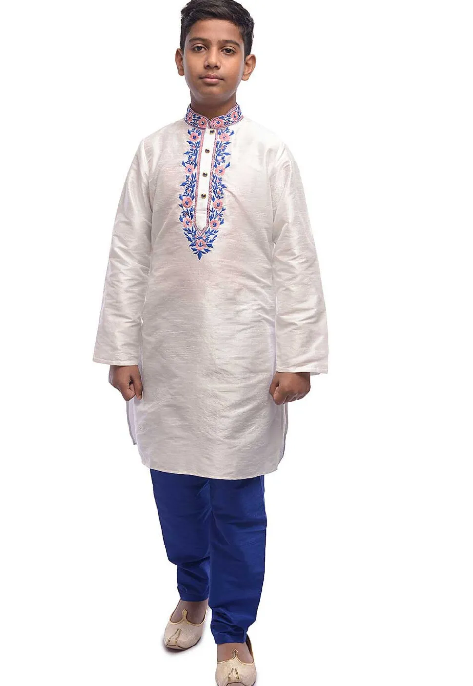 Embroidered Dupion Silk Kurta Set in White