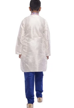 Embroidered Dupion Silk Kurta Set in White