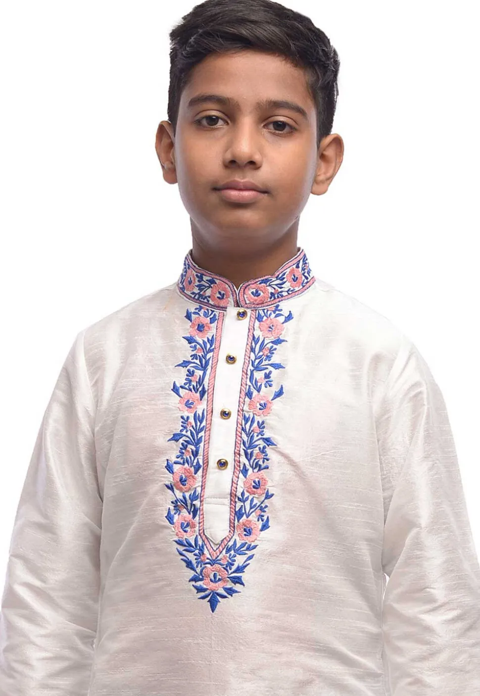 Embroidered Dupion Silk Kurta Set in White