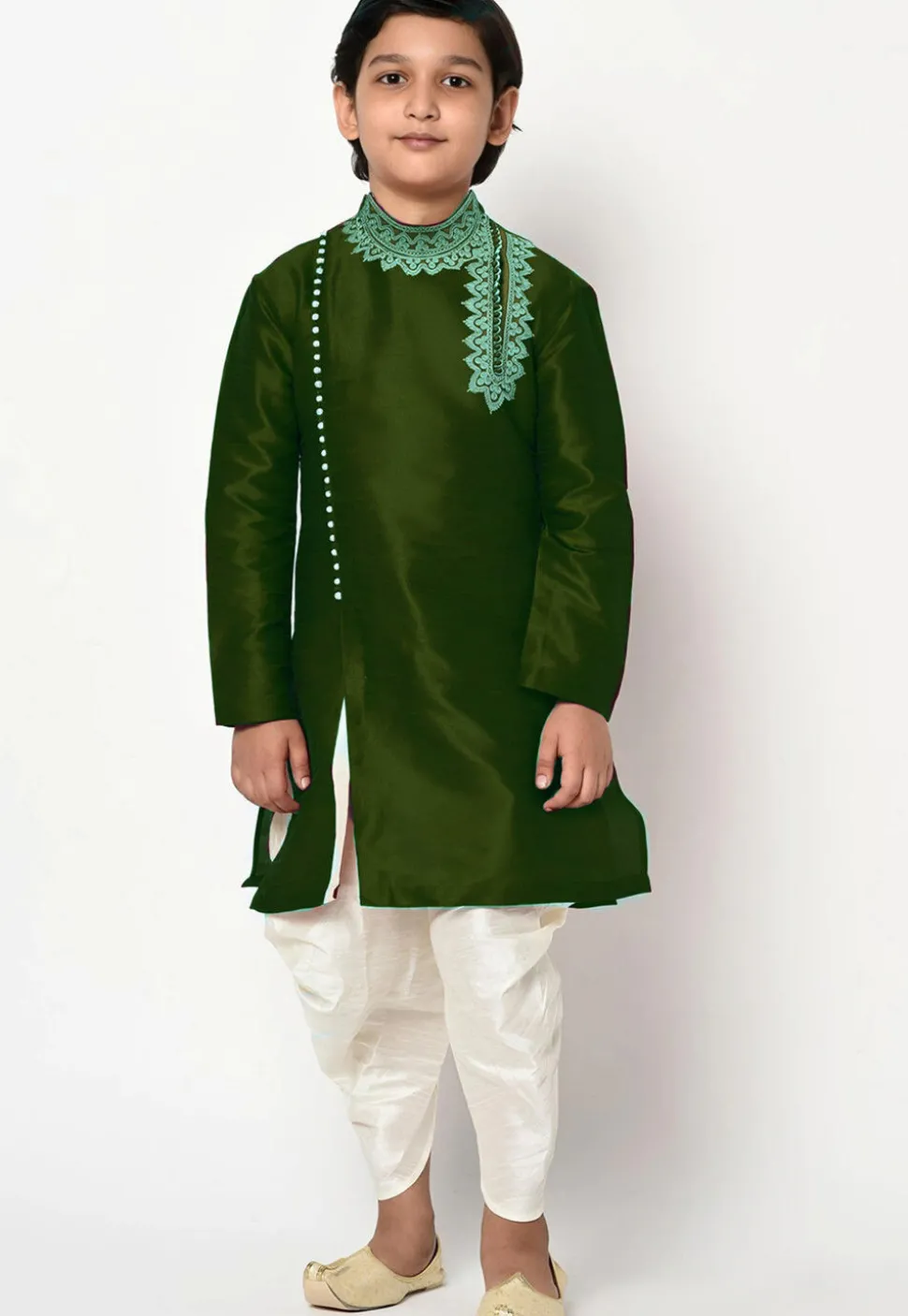 Embroidered Dupion Silk Kurta Set in Dark Olive Green