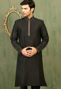 Embroidered Dupion Silk Kurta in Black