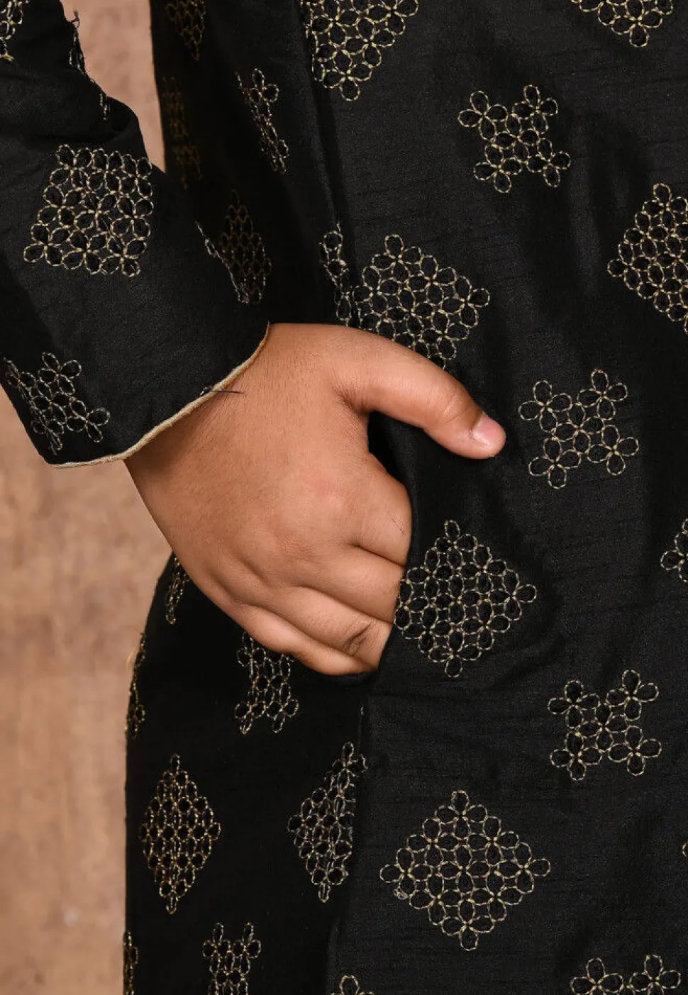 Embroidered Dupion Silk Kurta in Black