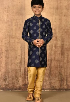 Embroidered Dupion Silk Kurta Set in Navy Blue