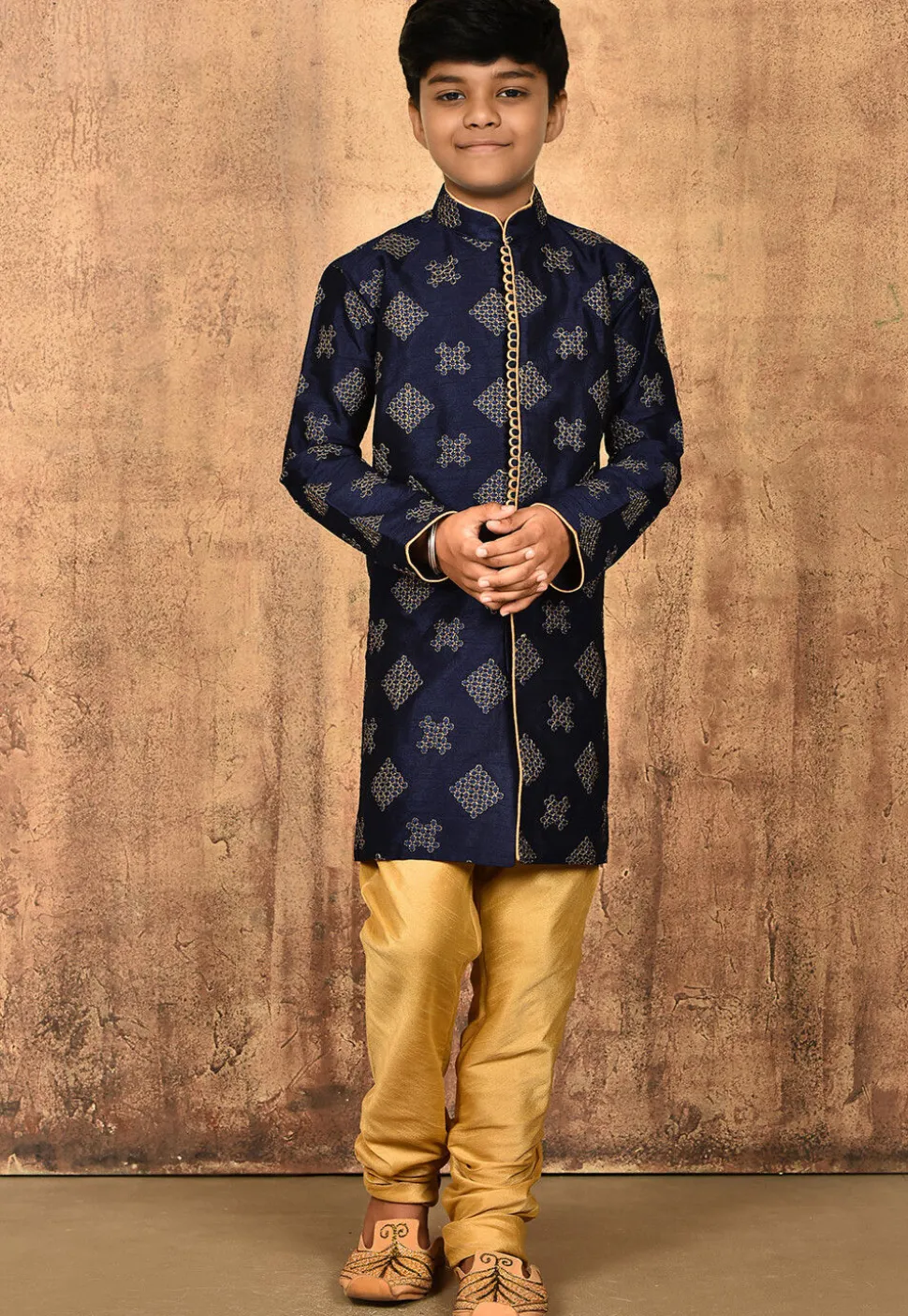 Embroidered Dupion Silk Kurta Set in Navy Blue