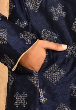 Embroidered Dupion Silk Kurta Set in Navy Blue