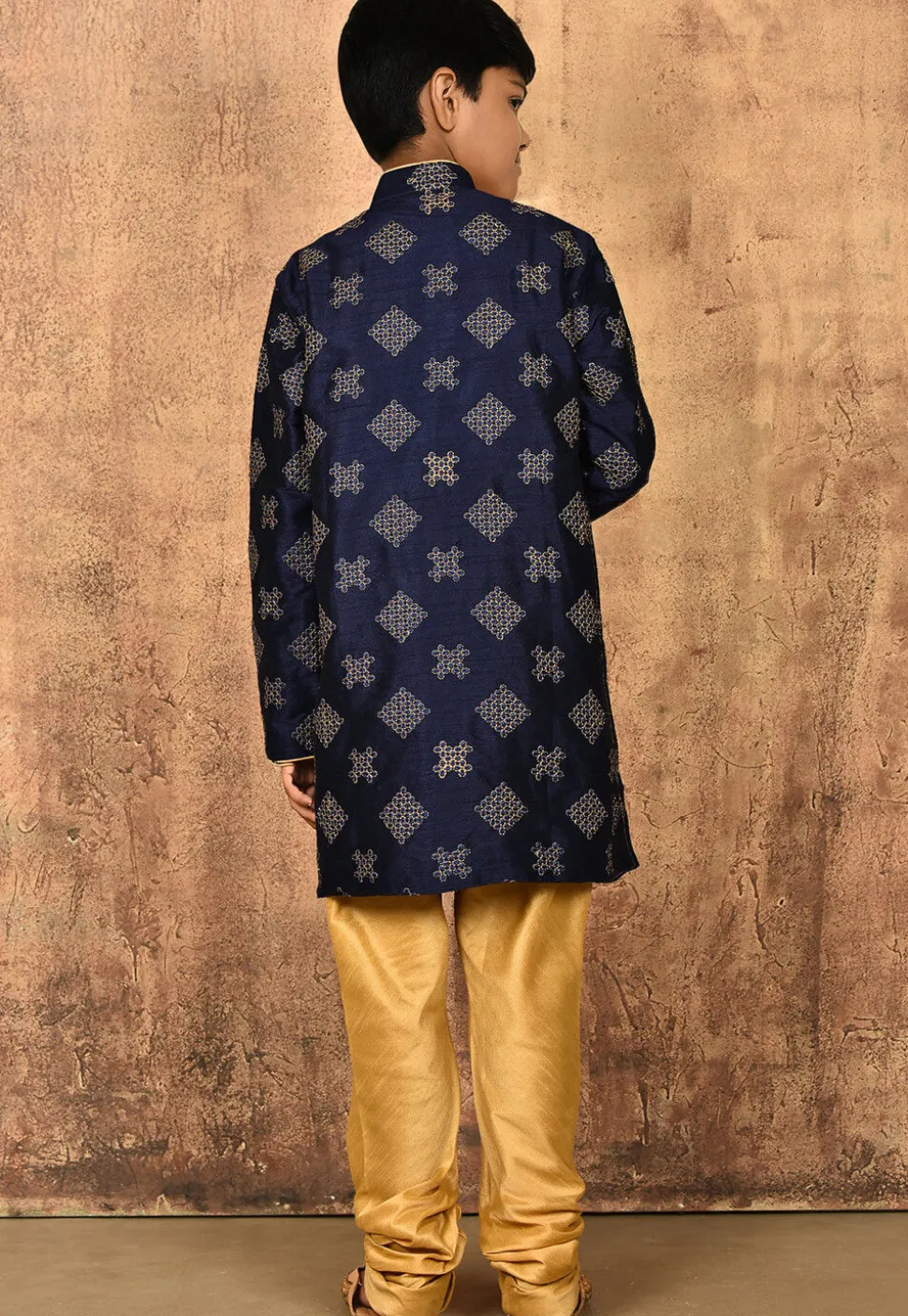 Embroidered Dupion Silk Kurta Set in Navy Blue
