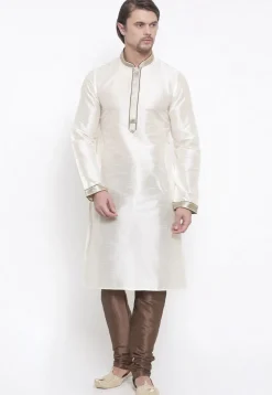 Embroidered Dupion Silk Kurta Set in White