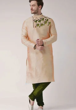 Embroidered Dupion Silk Kurta Set in Peach