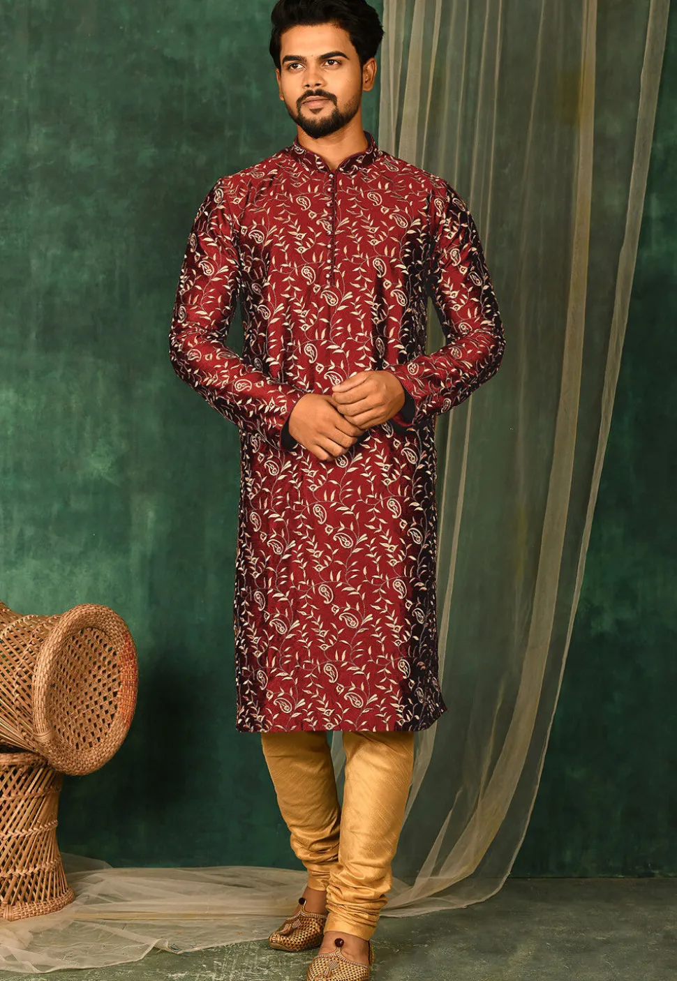 Embroidered Dupion Silk Kurta Set in Maroon