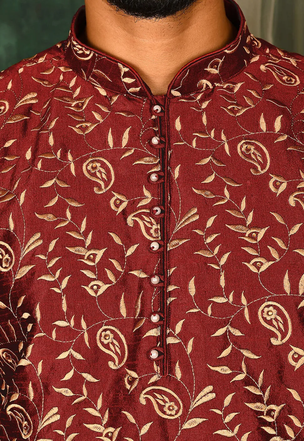 Embroidered Dupion Silk Kurta Set in Maroon