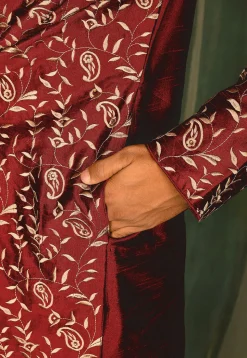Embroidered Dupion Silk Kurta Set in Maroon