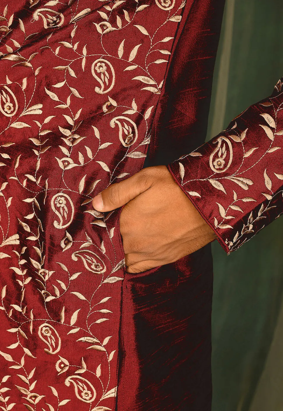 Embroidered Dupion Silk Kurta Set in Maroon