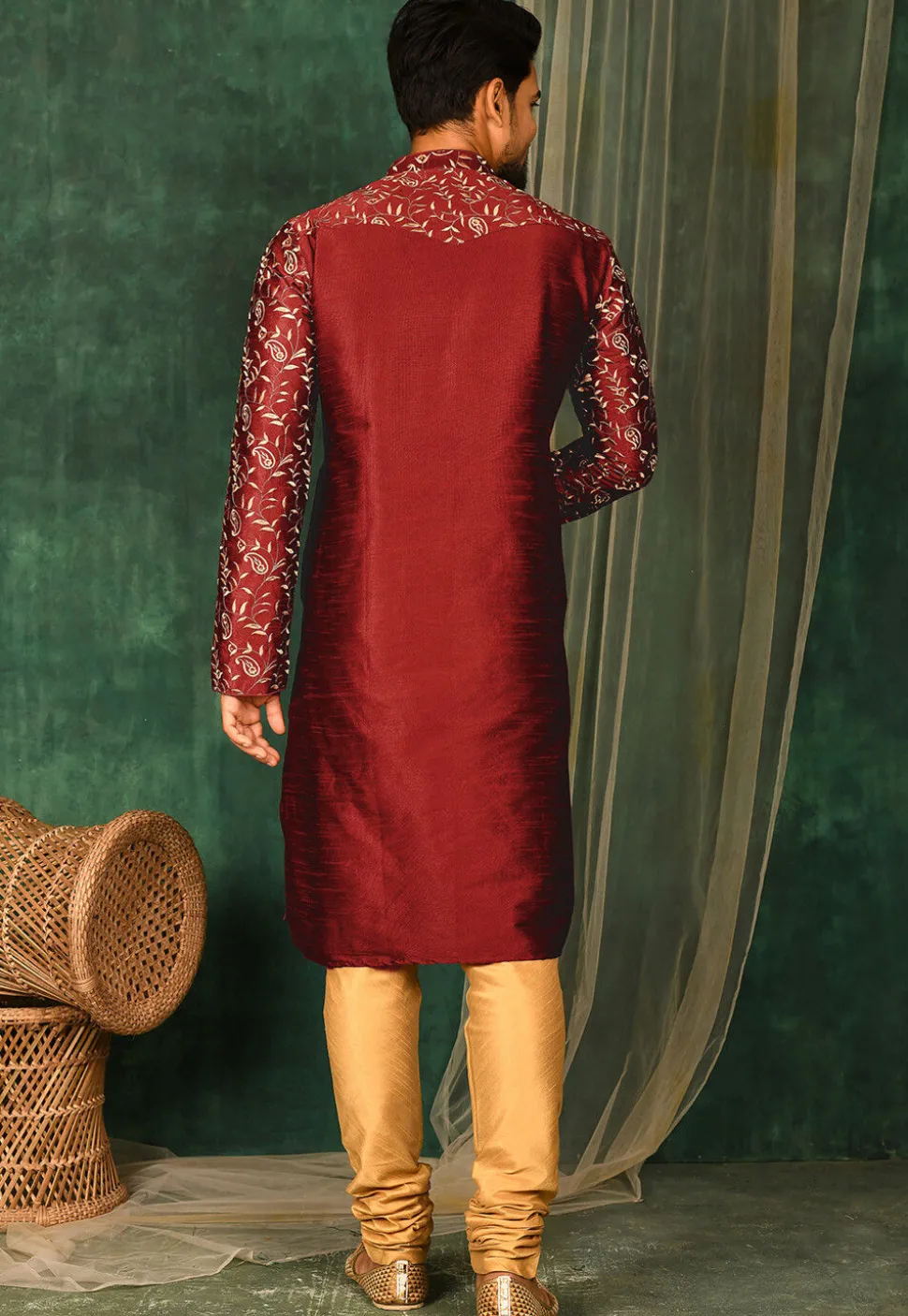 Embroidered Dupion Silk Kurta Set in Maroon