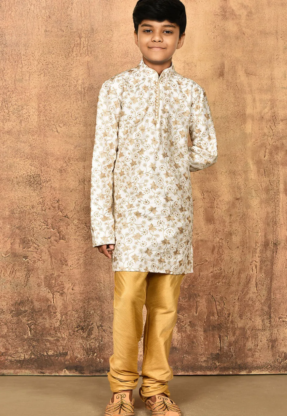 Embroidered Dupion Silk Kurta Set in Cream