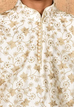 Embroidered Dupion Silk Kurta Set in Cream
