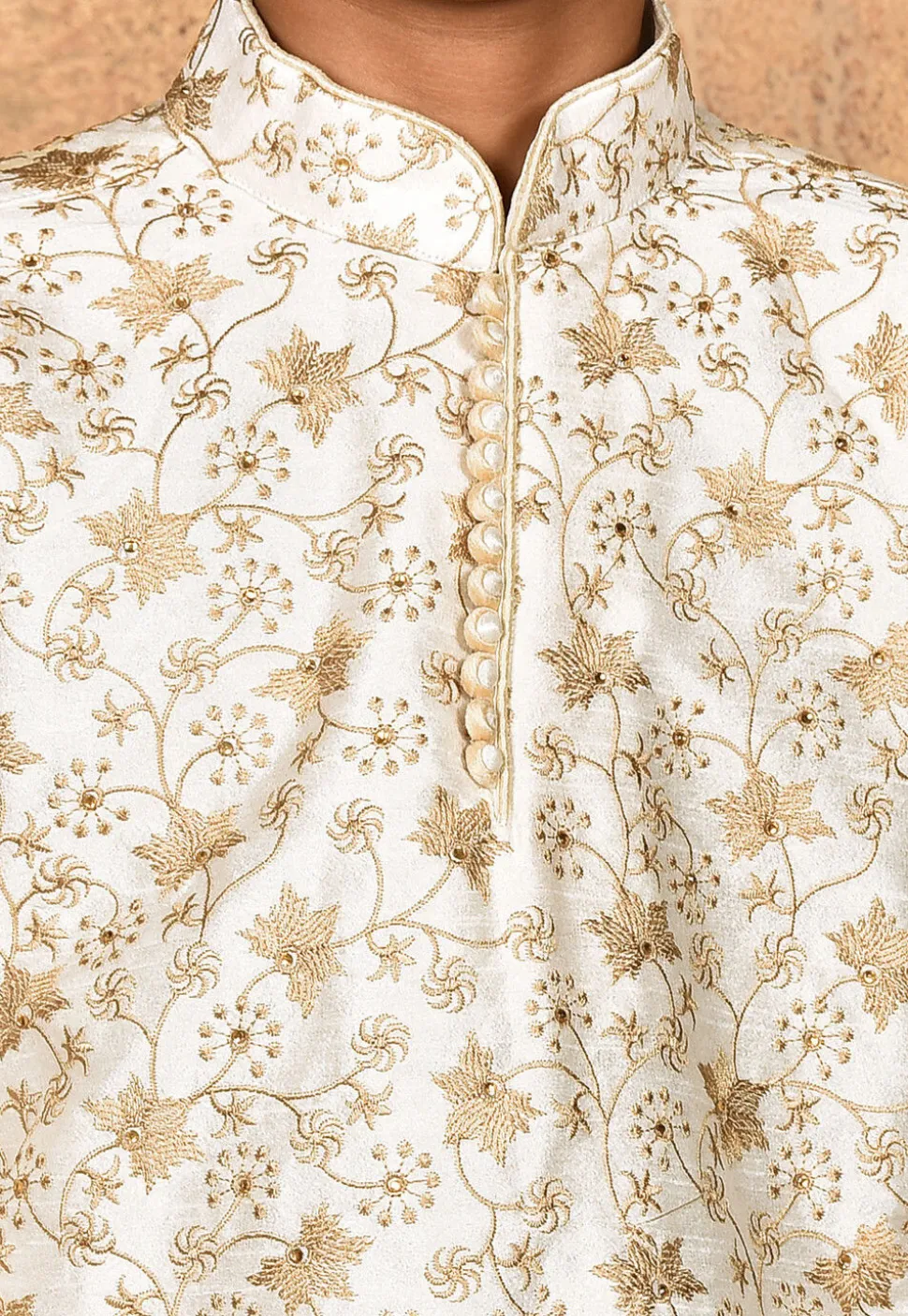 Embroidered Dupion Silk Kurta Set in Cream