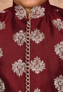 Embroidered Dupion Silk Kurta Set in Maroon