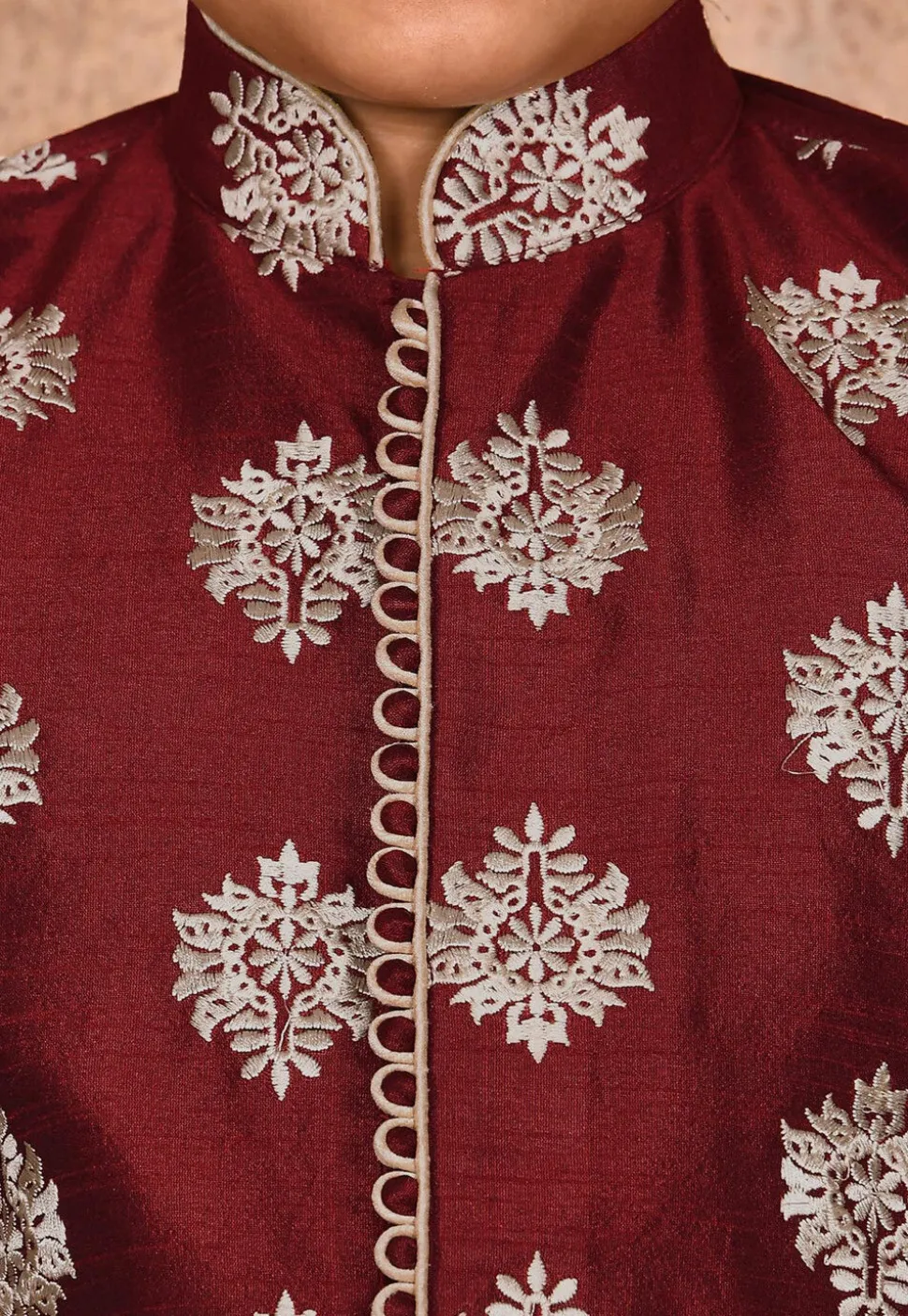 Embroidered Dupion Silk Kurta Set in Maroon