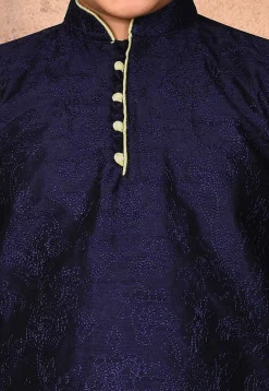 Embroidered Dupion Silk Kurta Set in Navy Blue