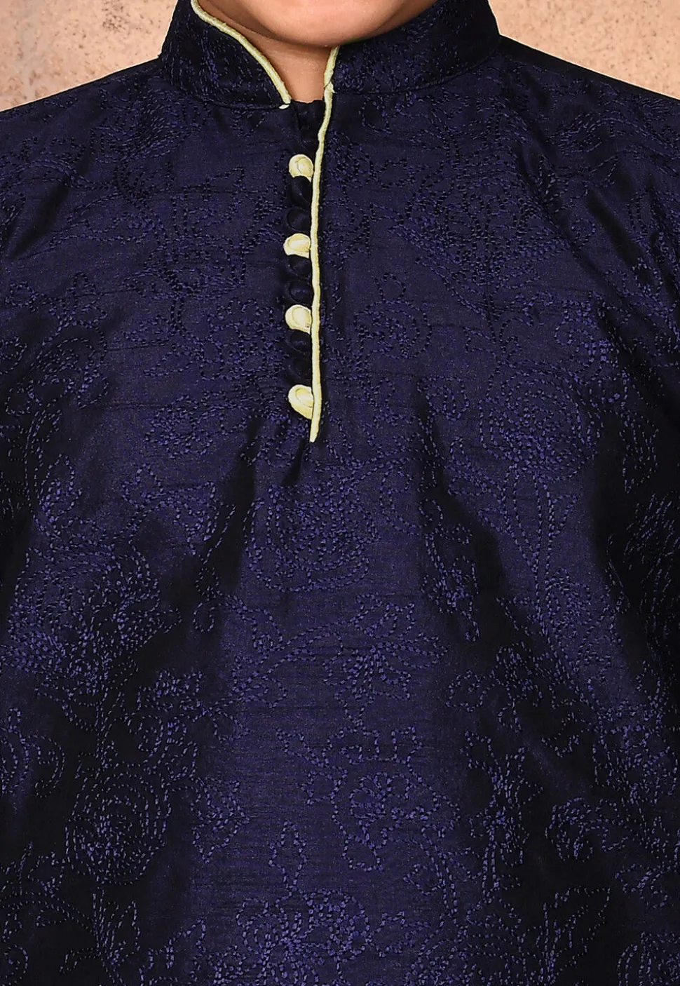 Embroidered Dupion Silk Kurta Set in Navy Blue