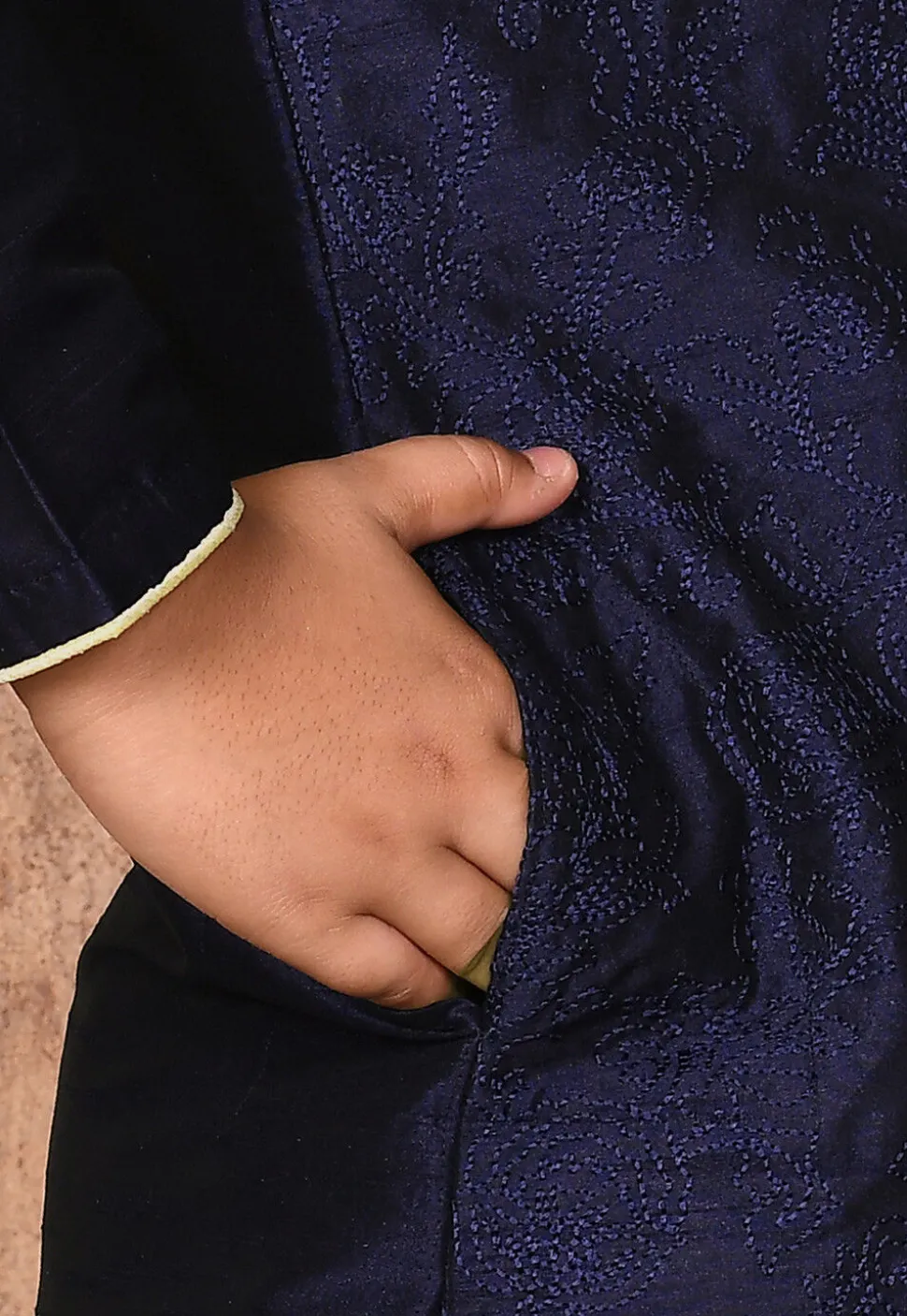 Embroidered Dupion Silk Kurta Set in Navy Blue