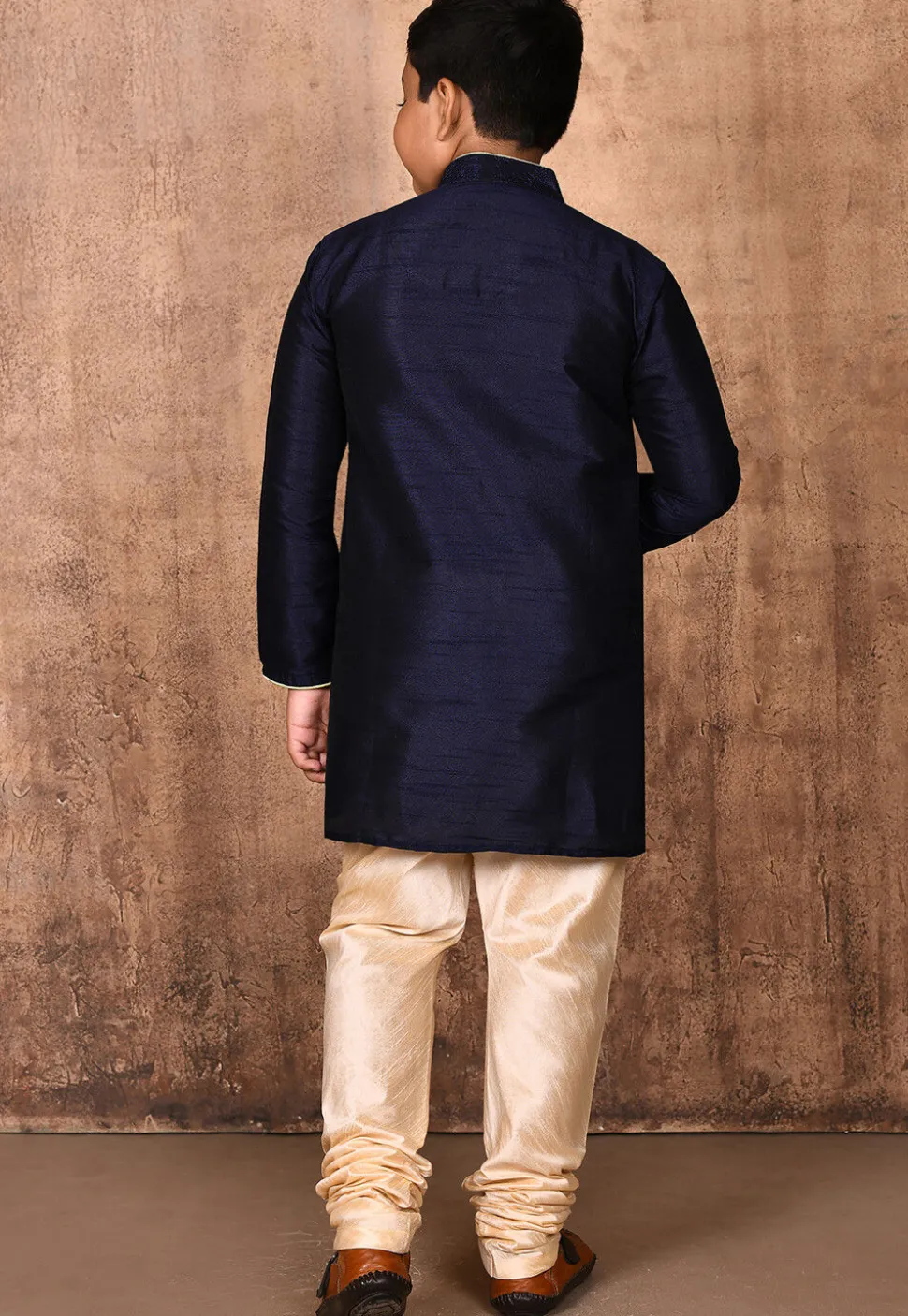 Embroidered Dupion Silk Kurta Set in Navy Blue
