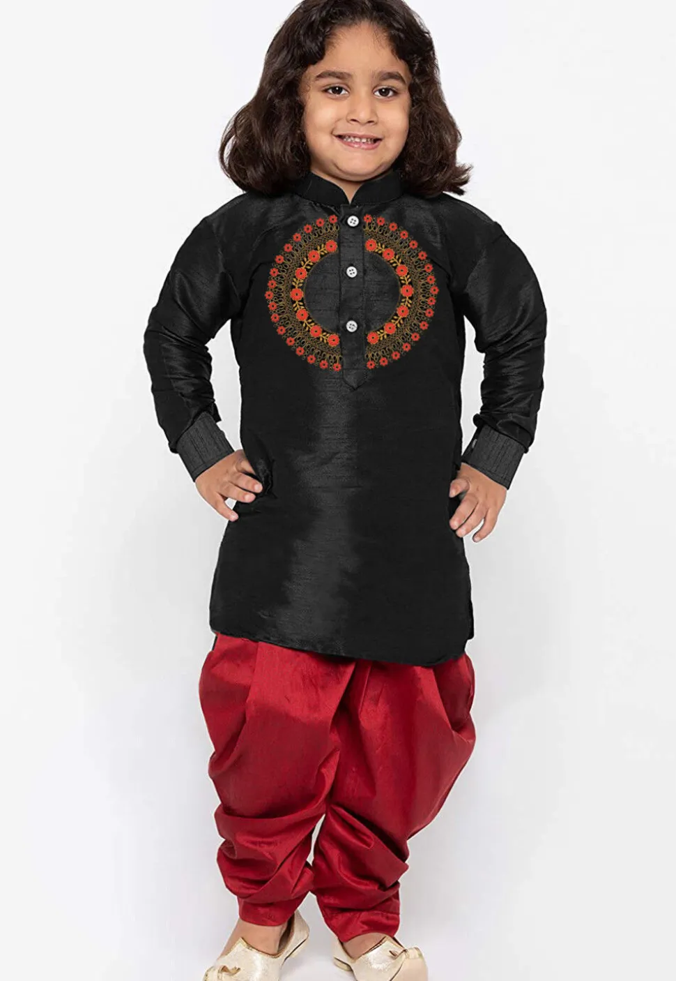 Embroidered Dupion Silk Kurta Set in Black
