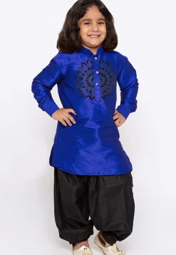 Embroidered Dupion Silk Kurta Set in Royal Blue