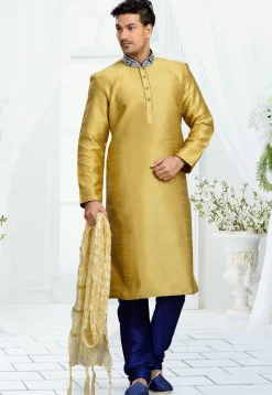 Embroidered Dupion Silk Kurta Set in Beige