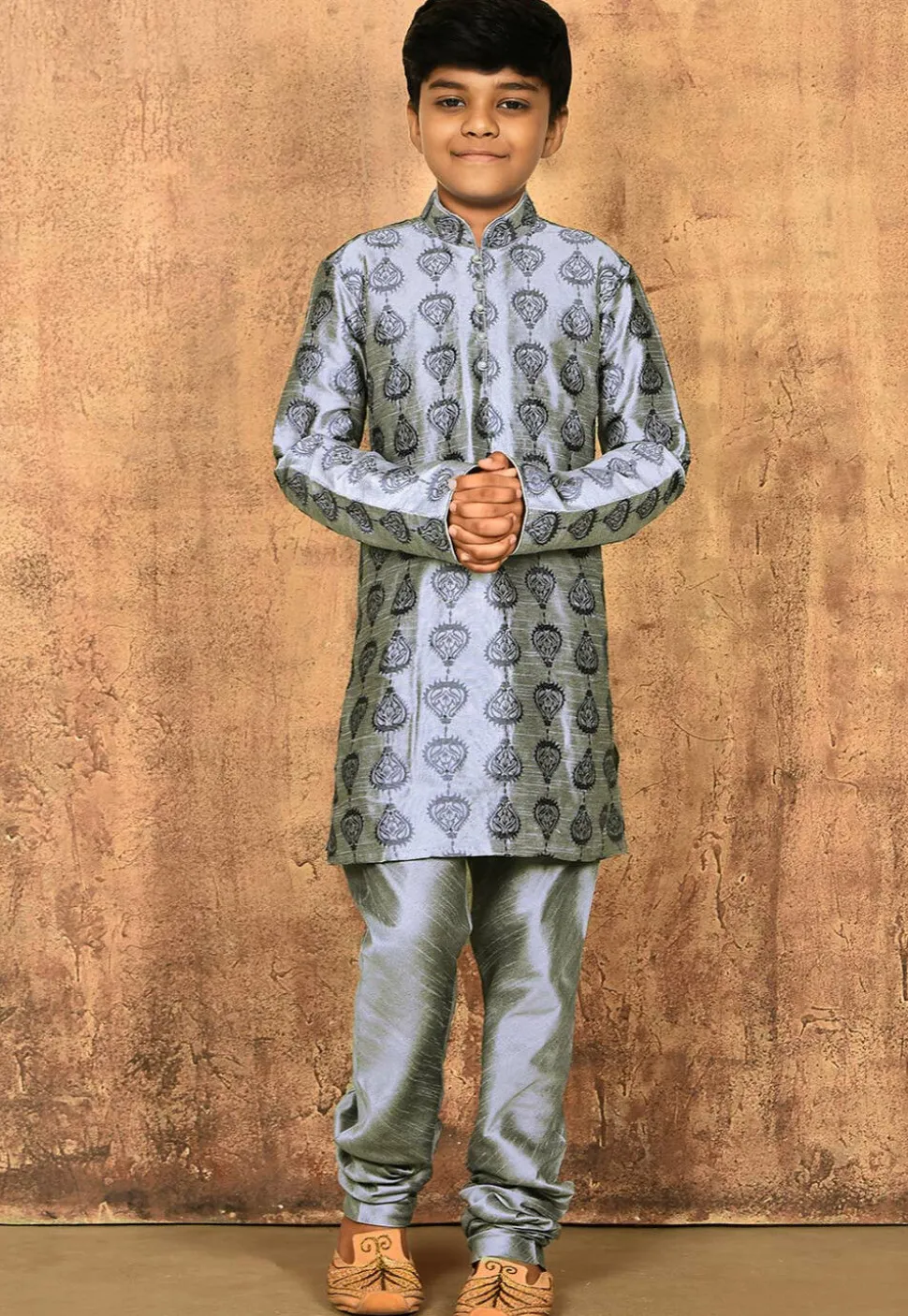 Embroidered Dupion Silk Kurta Set in Grey