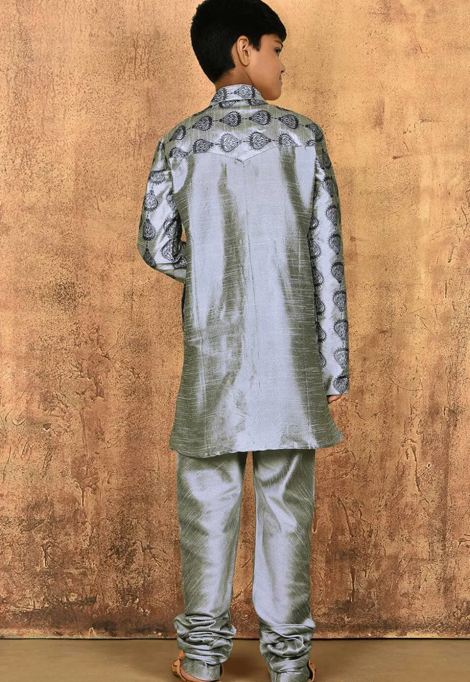 Embroidered Dupion Silk Kurta Set in Grey