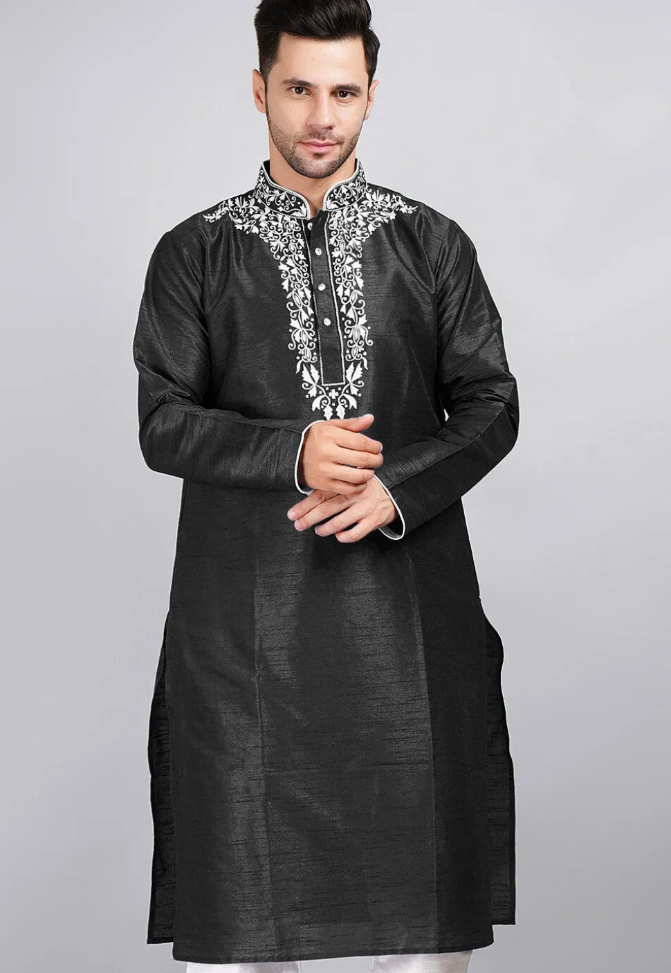 Embroidered Dupion Silk Kurta in Black