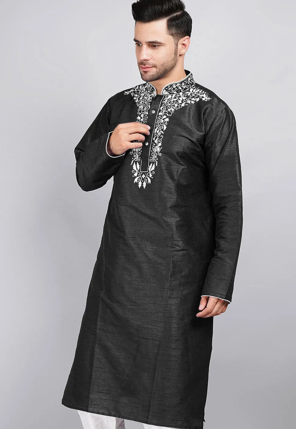 Embroidered Dupion Silk Kurta in Black