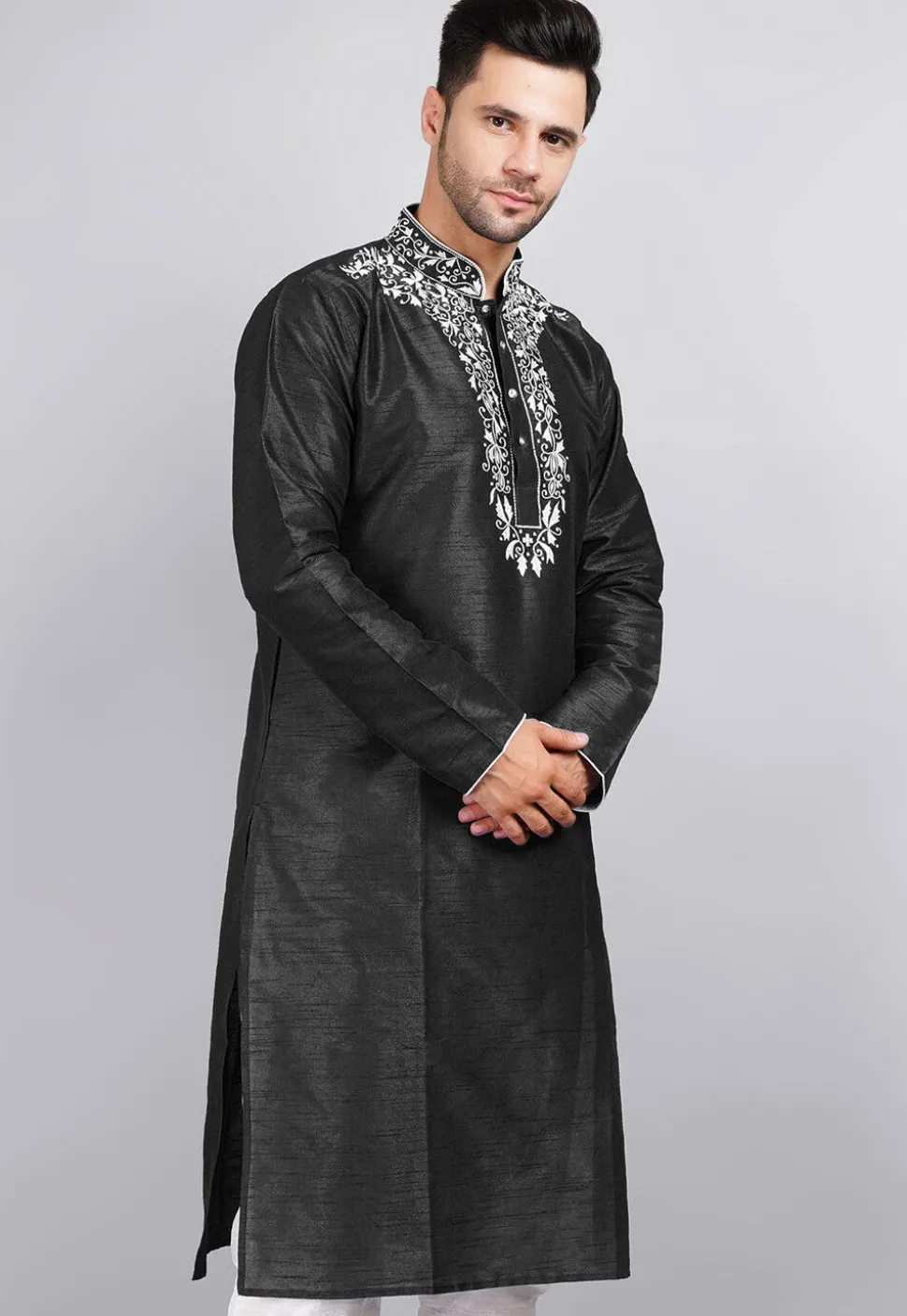 Embroidered Dupion Silk Kurta in Black