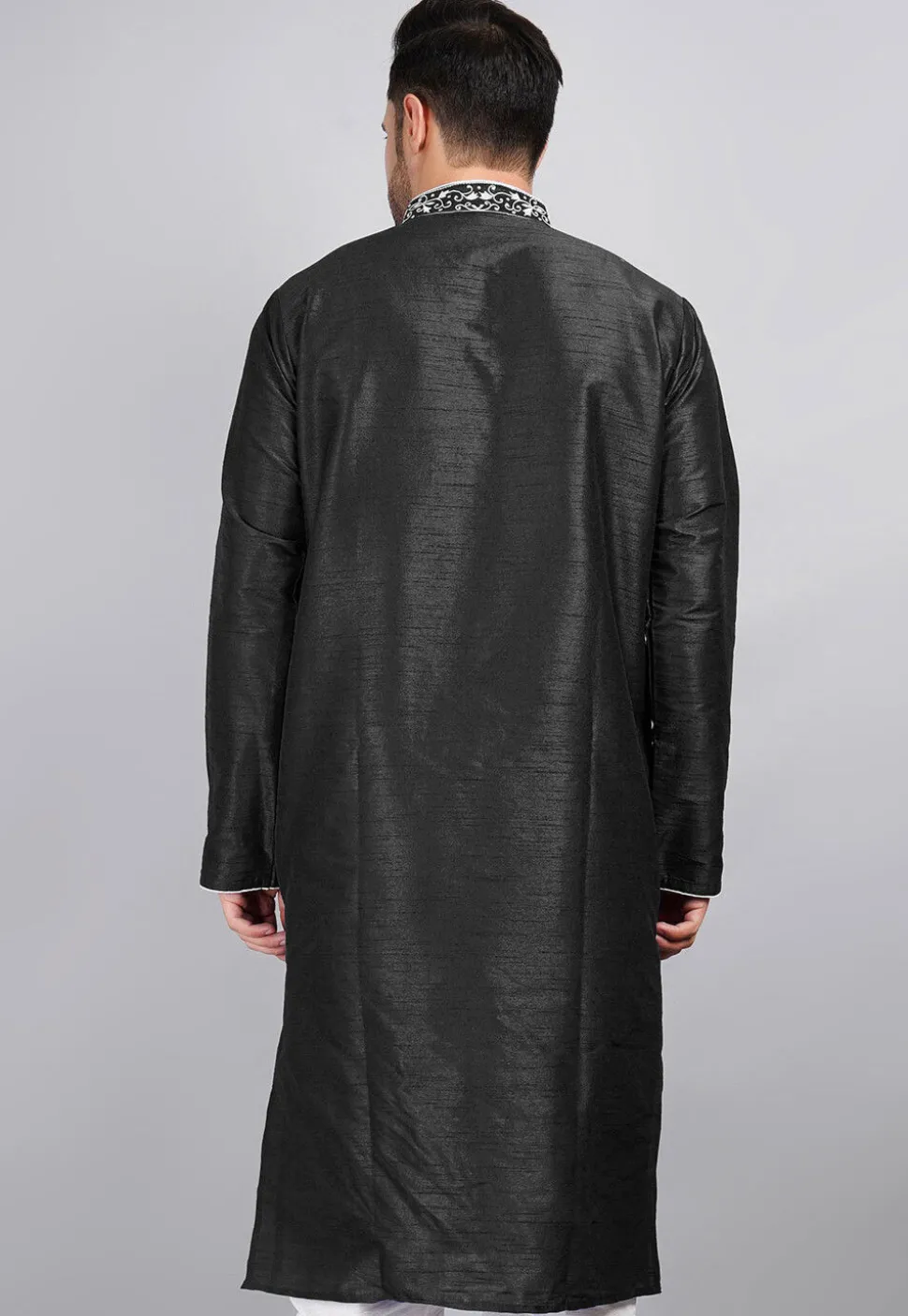 Embroidered Dupion Silk Kurta in Black