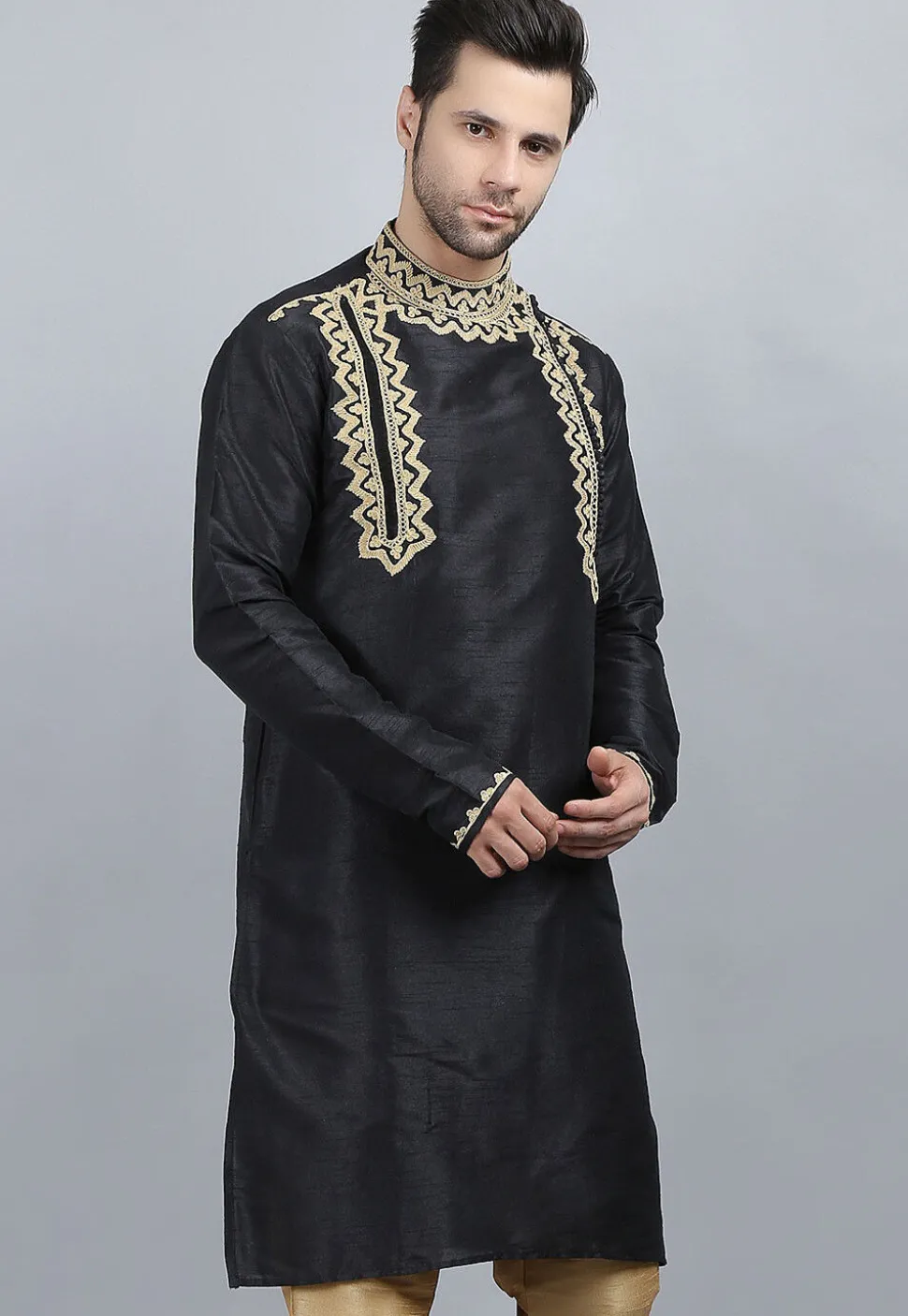 Embroidered Dupion Silk Kurta in Black