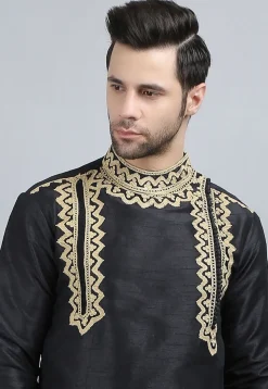 Embroidered Dupion Silk Kurta in Black