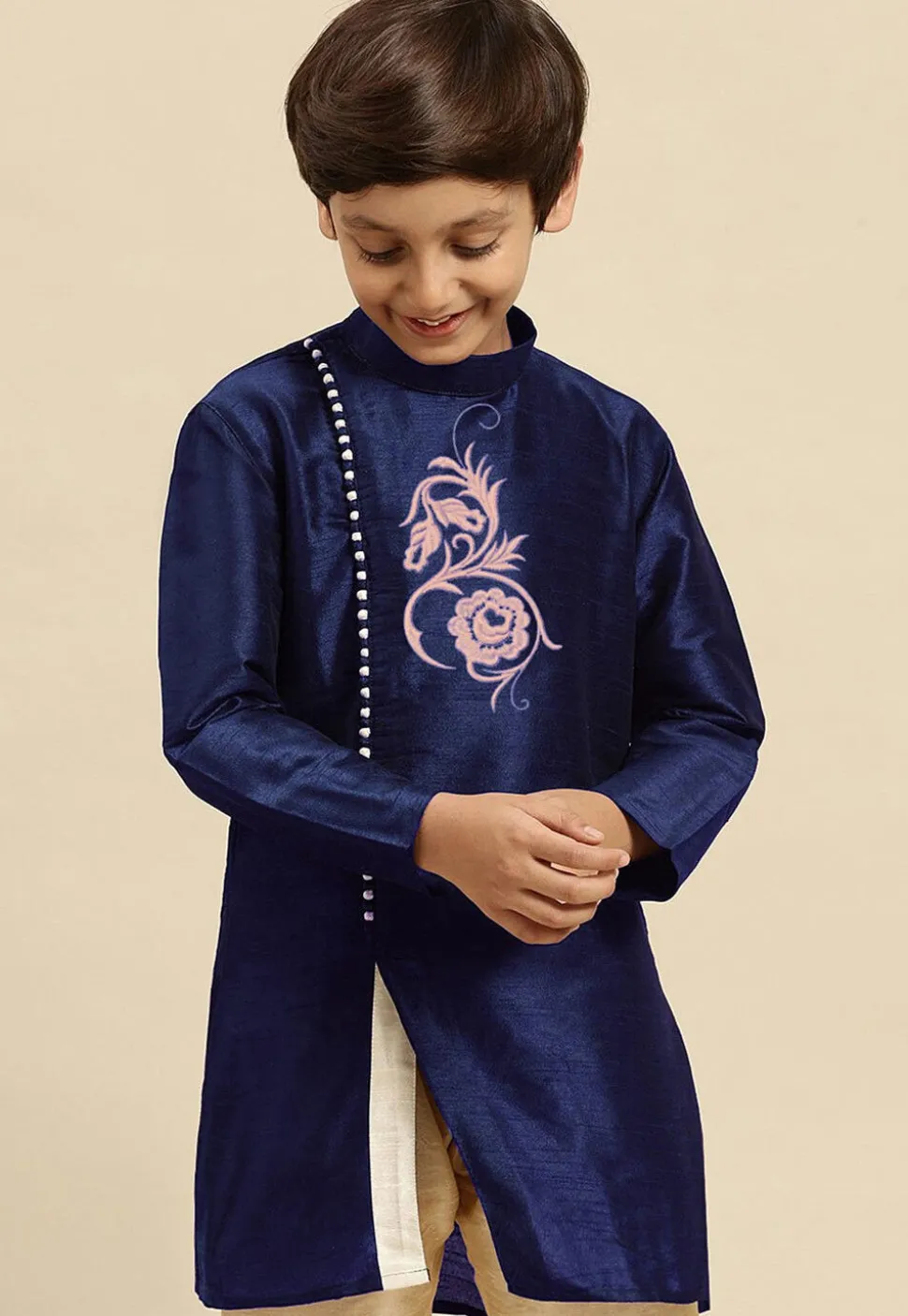 Embroidered Dupion Silk Kurta in Navy Blue