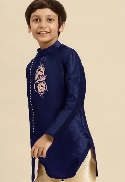 Embroidered Dupion Silk Kurta in Navy Blue