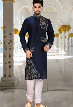 Embroidered Dupion Silk Kurta Set in Dark Navy Blue and White