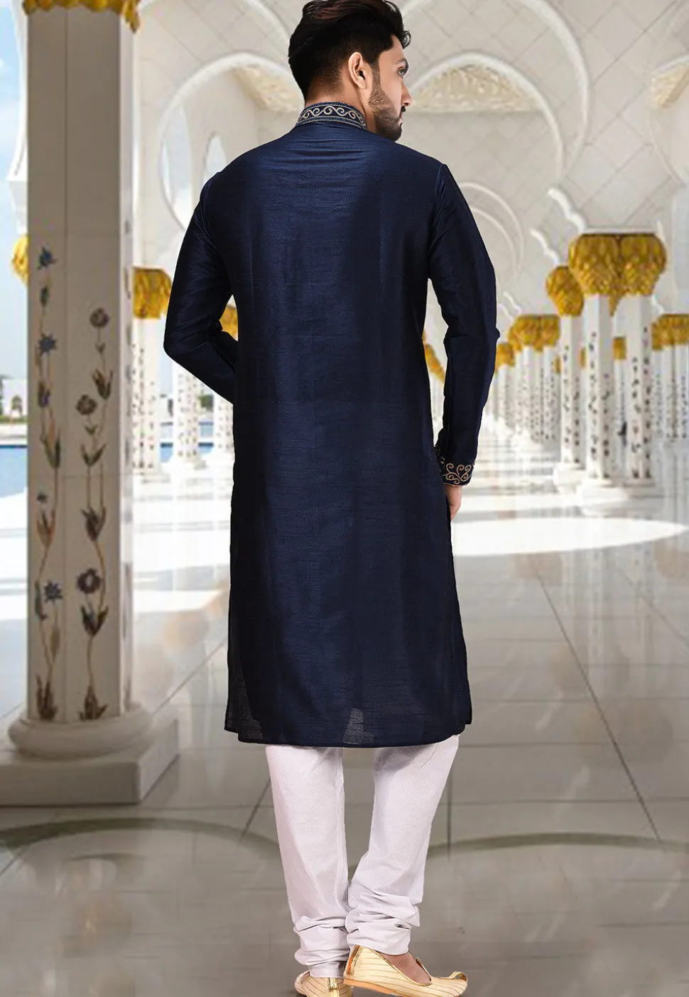 Embroidered Dupion Silk Kurta Set in Dark Navy Blue and White